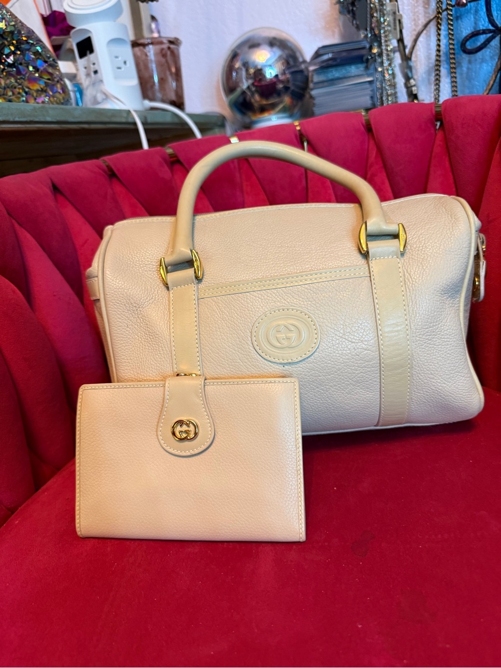 Gucci Cream Pebbled Leather Satchel with Matching Wallet